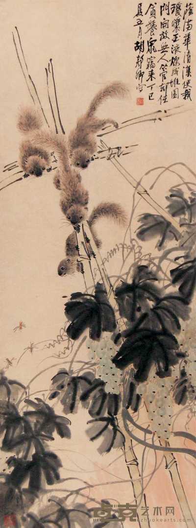 胡剡卿 丁巳（1917年）作 松鼠 立轴 83×36cm